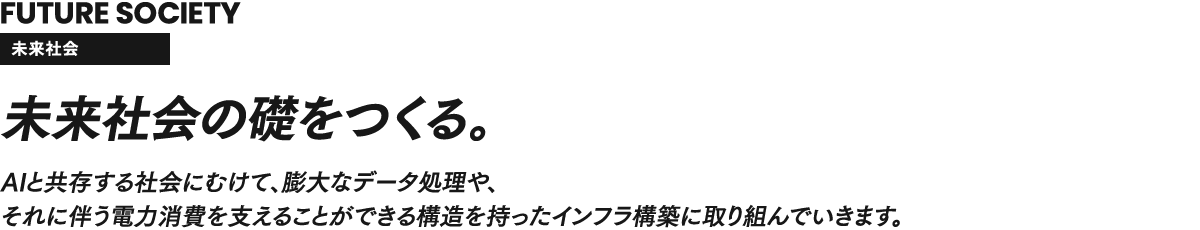 FUTURE SOCIETY 未来社会 AIと共存する社会にむけて、膨大なデータ処理や、それに伴う電力消費を支えることができる構造を持ったインフラ構築に取り組んでいきます。